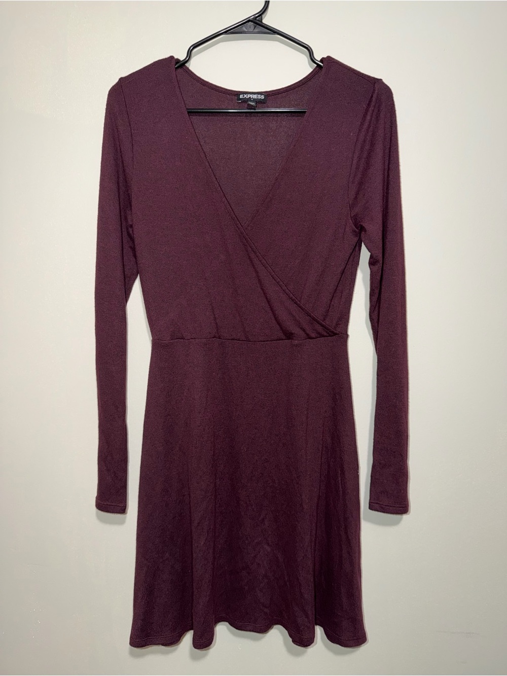 Express Burgundy Long Sleeve Faux Wrap Fit & Flare Dress Small